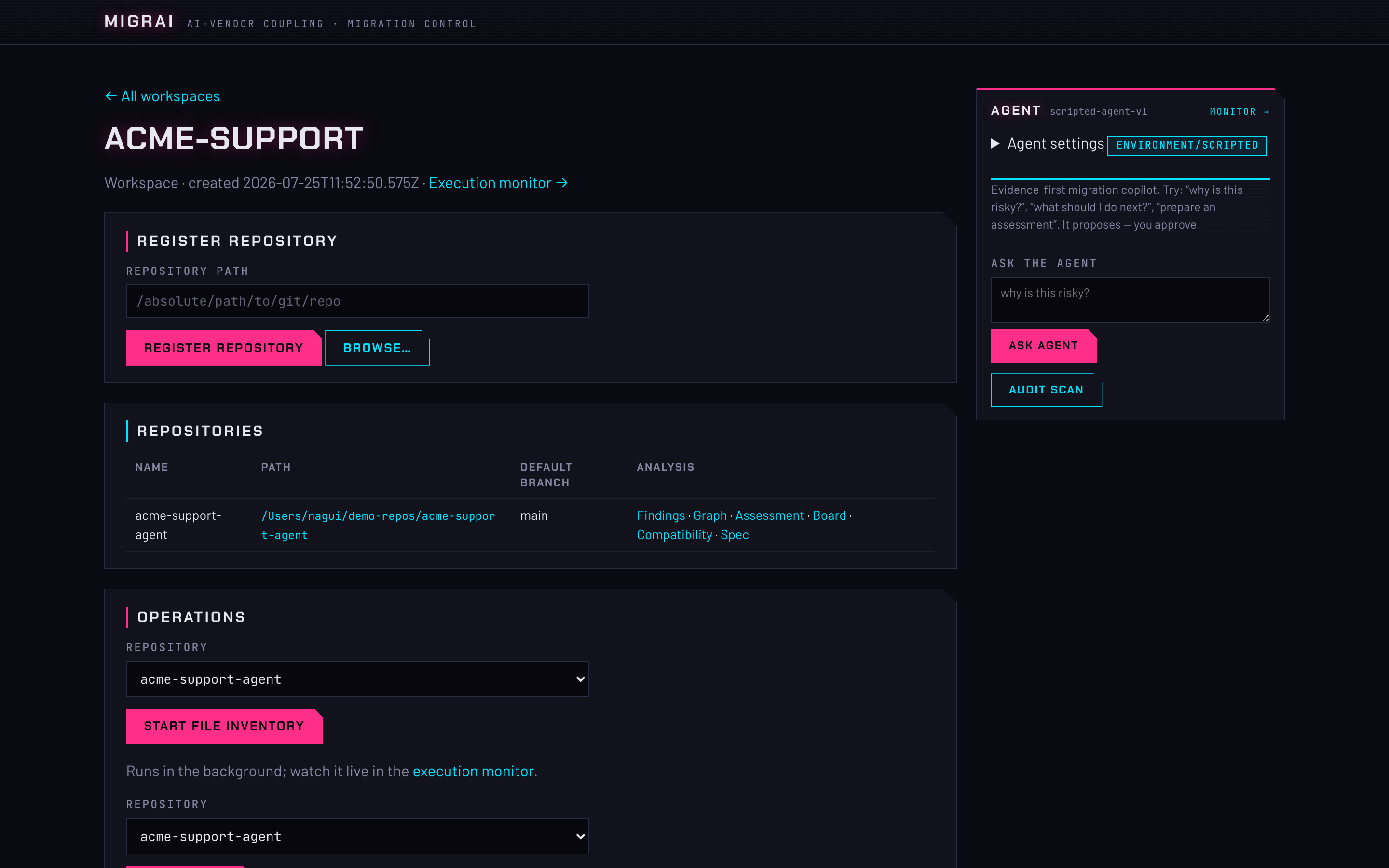 Migrai workspace — registered repository, operations, and the migration copilot panel