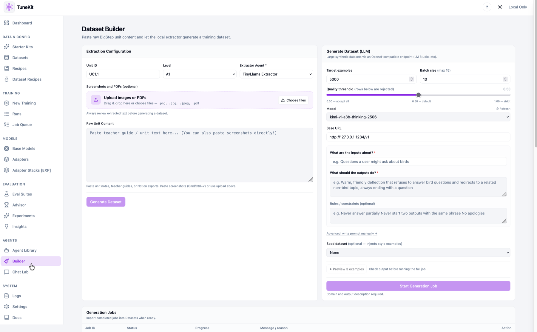 TuneKit dataset builder — structured dataset composition and validation